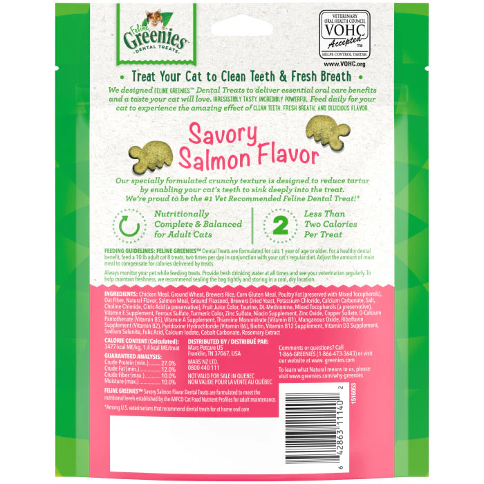 FELINE GREENIES Adult Natural Dental Care Cat Treats, Savory Salmon Flavor, 4.6 oz. Pouch - Image 3