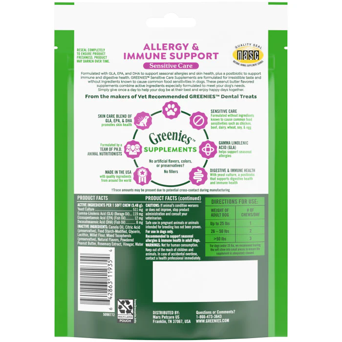 Greenies Allergy & Immune Support Sensitive Care Dog Supplement Peanut Butter Flavor, 40 Count Pouch - Image 3
