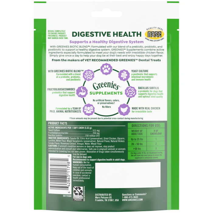 Greenies Supplements Digestive Health with Probiotics for Dogs Chicken Flavor, 7.8 oz. Pouch of 40 ct. Chews - Image 3