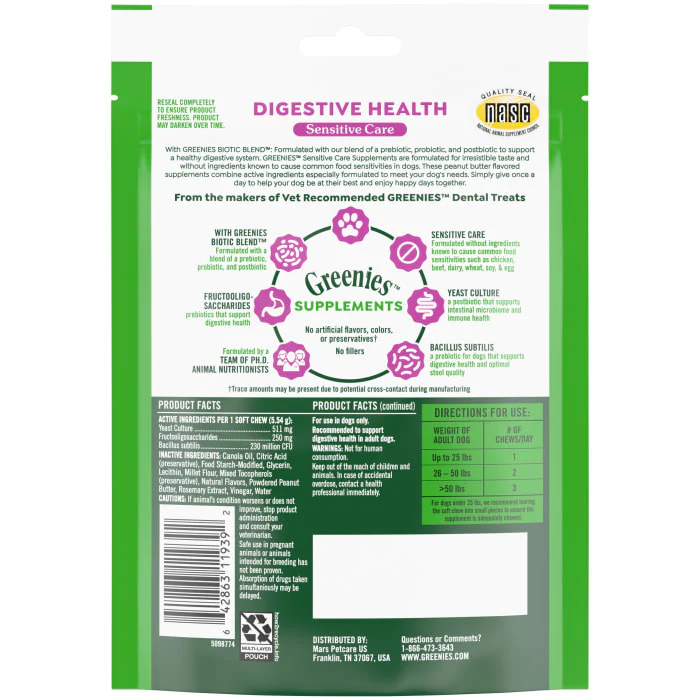 Greenies Digestive Health Sensitive Care Supplement for Dogs, Peanut Butter Flavor, 40 Count Pouch - Image 3