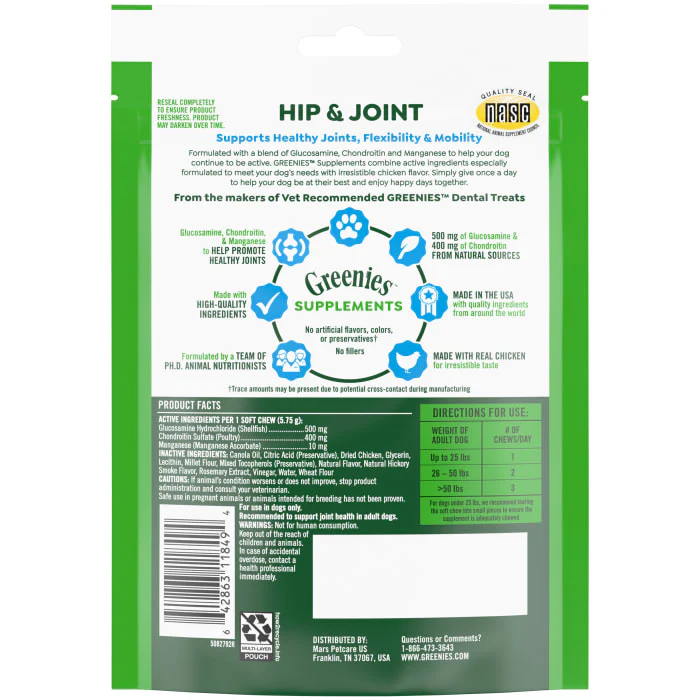 Greenies Hip and Joint Supplements for Dogs, Chicken Flavor, 6.08 oz., 30-Count Soft Chews - Image 3